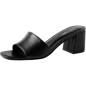 Women's Low Chunky Block Square Open Toe Black Heeled Sandal Slip on Mules Shoes